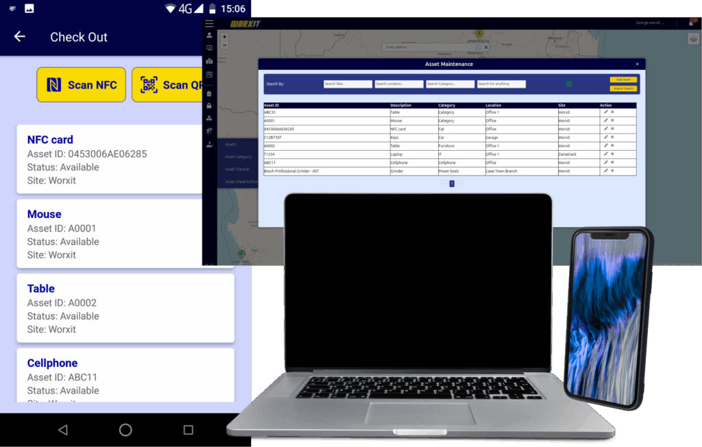 Asset management features including asset register, check in/out, transfer, NFC or barcode scanning, GPS recording, and mobile onboard management.