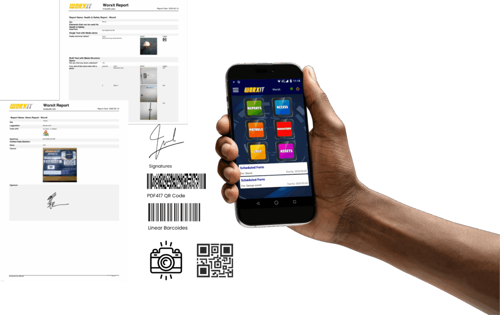 Custom report builder software interface with features including barcode and QR code scanning, photo and video capture, electronic signatures, GPS location tracking, site-based reporting, offline functionality, OCR scanner, and SADL scan integration.