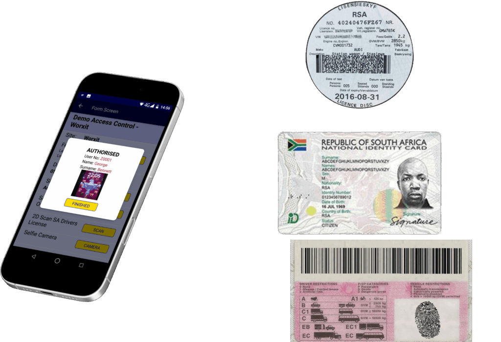 Visitor Access Control system with features including visitor access cards, driver’s licence and ID scanning, licence disk validation, vehicle photo capture, location-based access limits, and SADL photo verification.