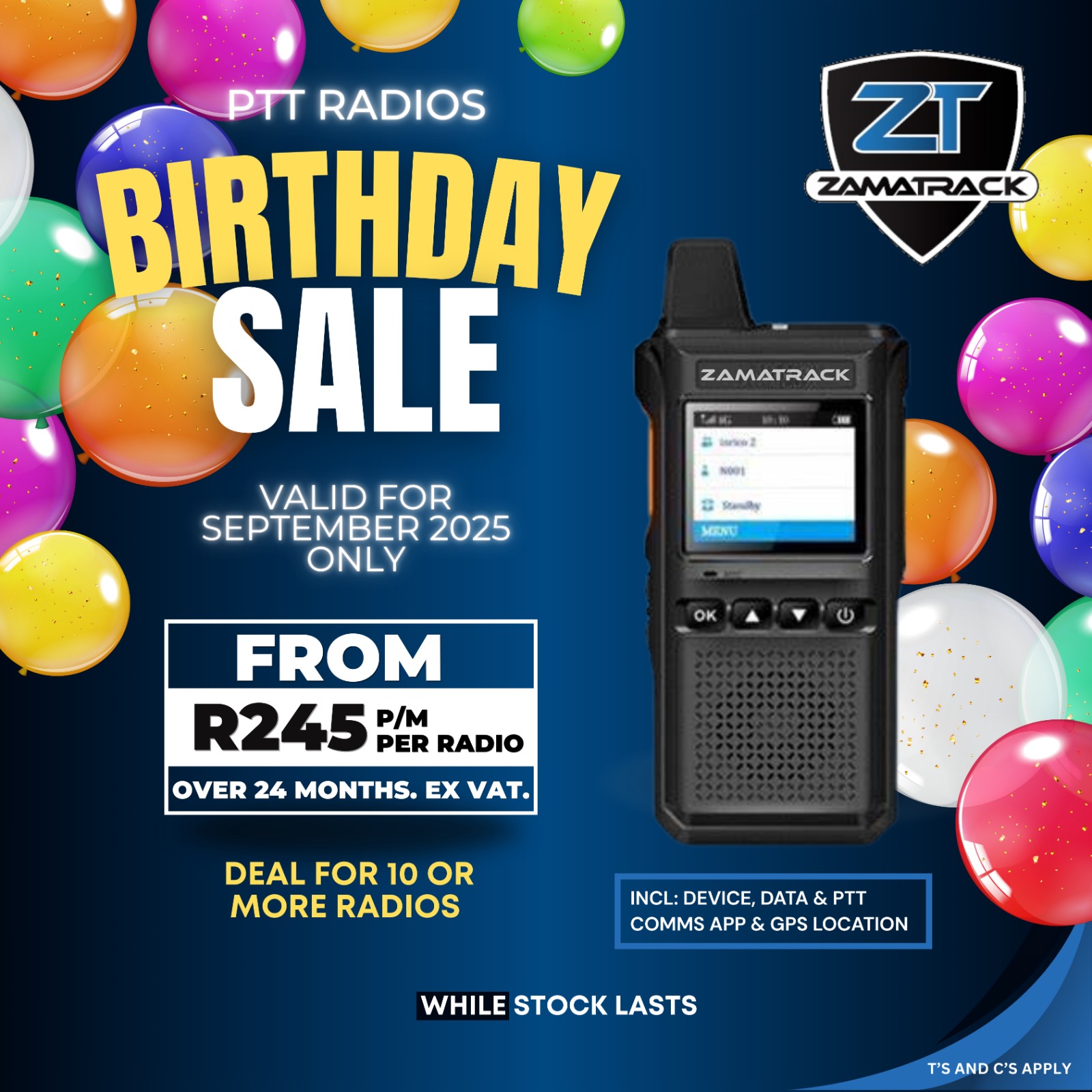 Zamatrack PTT radios birthday sale promotion – two-way radio with GPS and PTT comms app, starting from R245 per month, valid for September 2025.