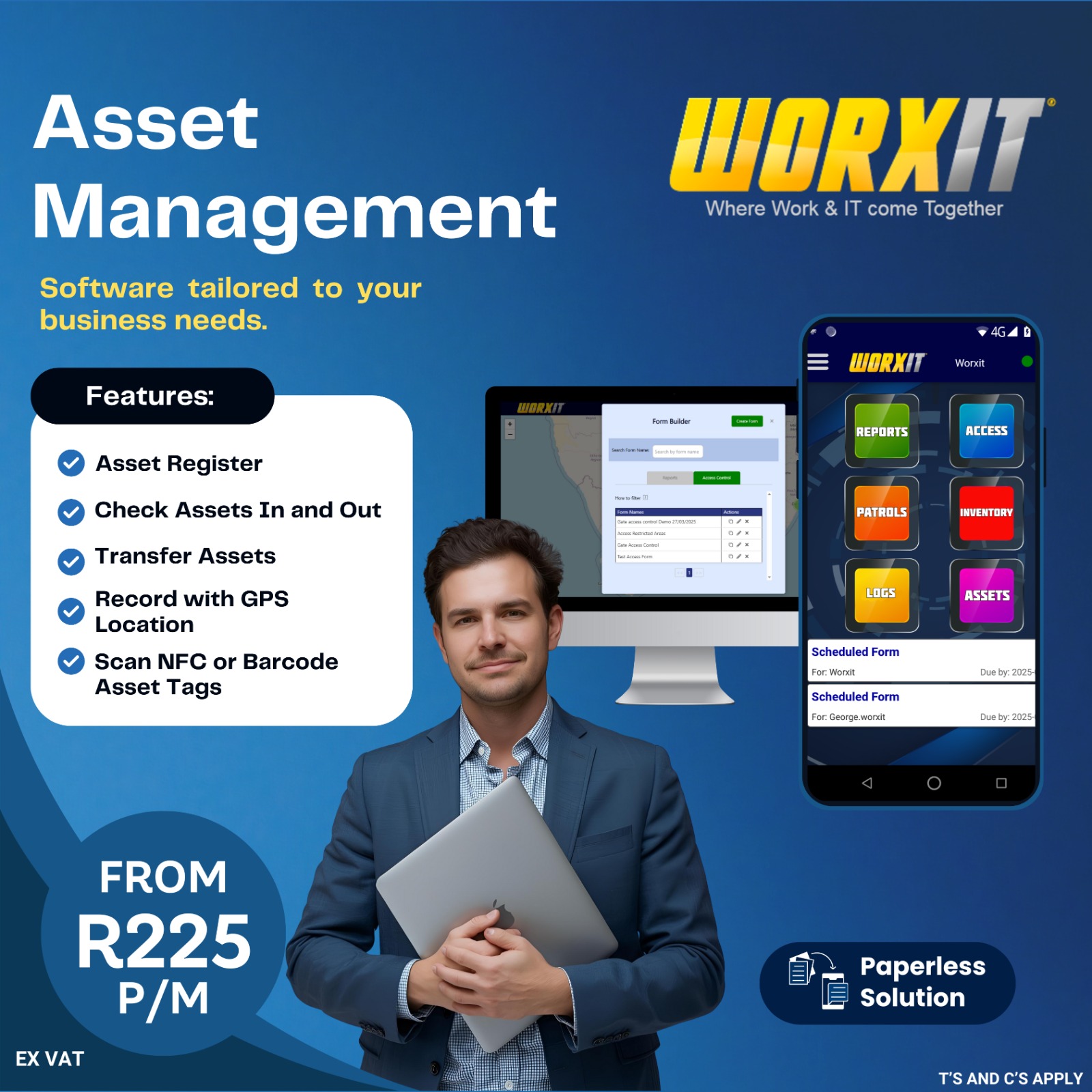 WorxIT asset management software advertisement – manage asset register, transfers, GPS tracking, NFC and barcode tags, from R225 per month.